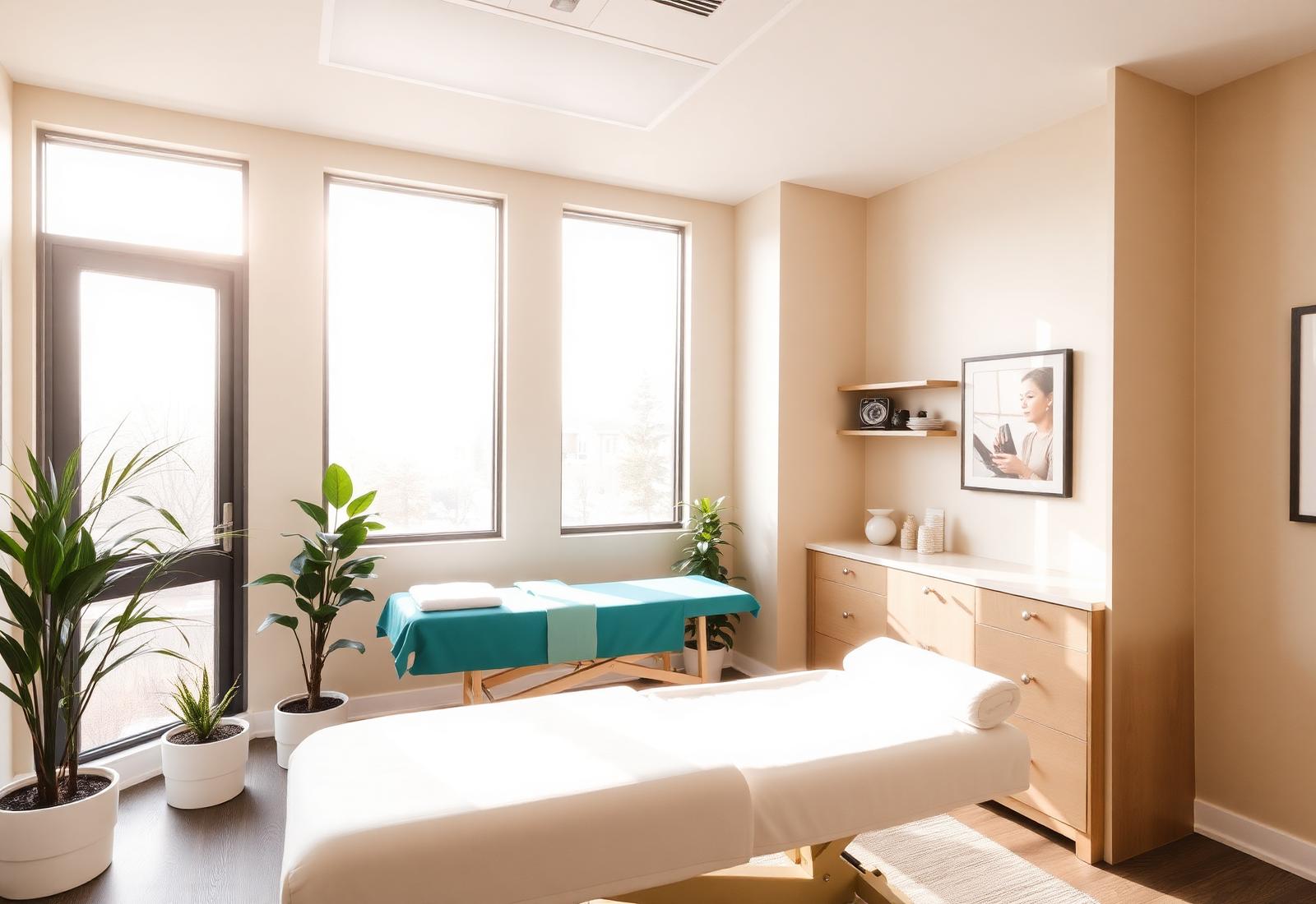Sunlit chiropractic treatment room with adjustment tables and plants